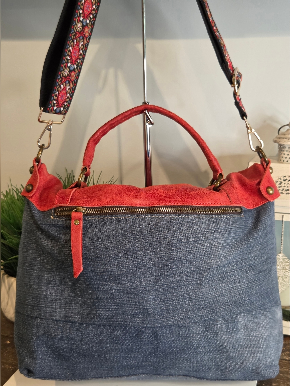 Levi's Denim & Red Italian Leather Convertible Handbag - Picture 6 of 12